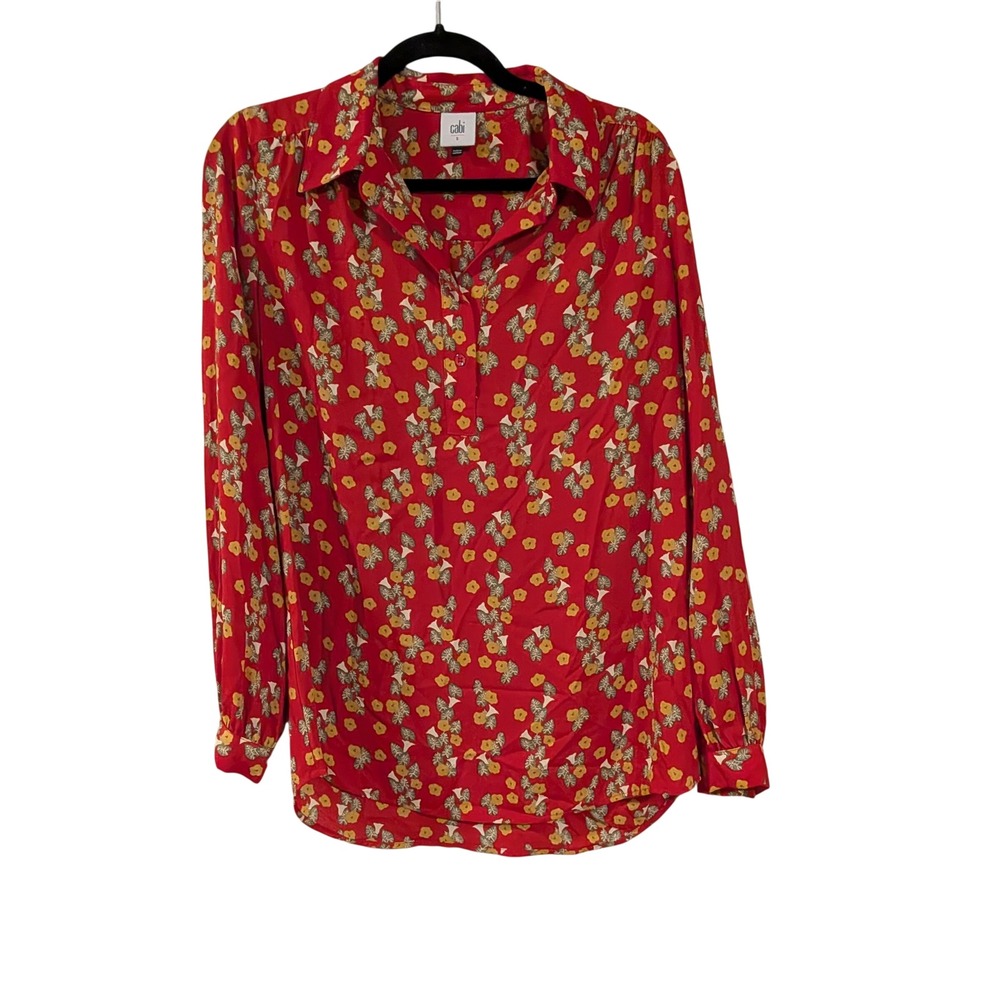 Cabi Blouse Womens Small Red Yellow Floral Long Sleeve 3/4 Button Up